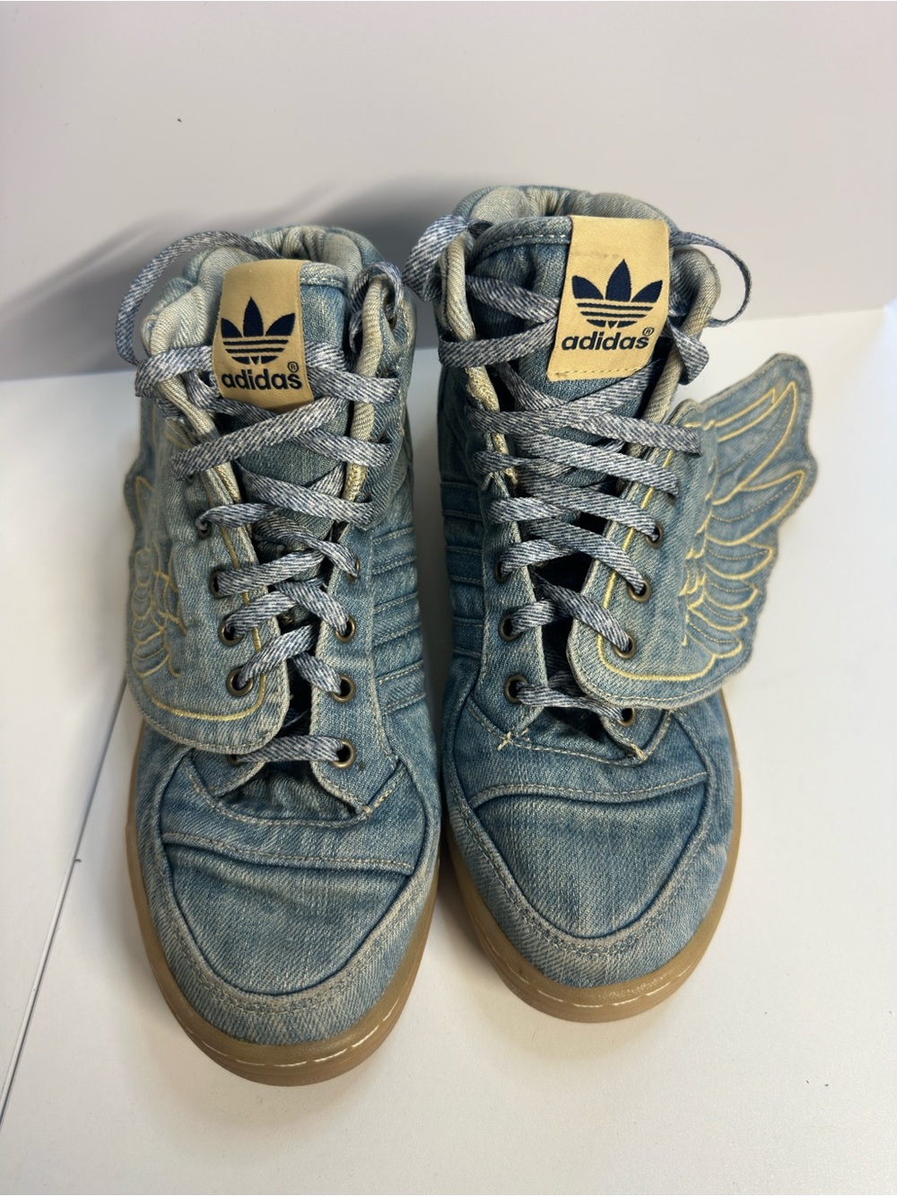 adidas Men’s Denim Winged High-Top Sneakers in Light Blue and Tan